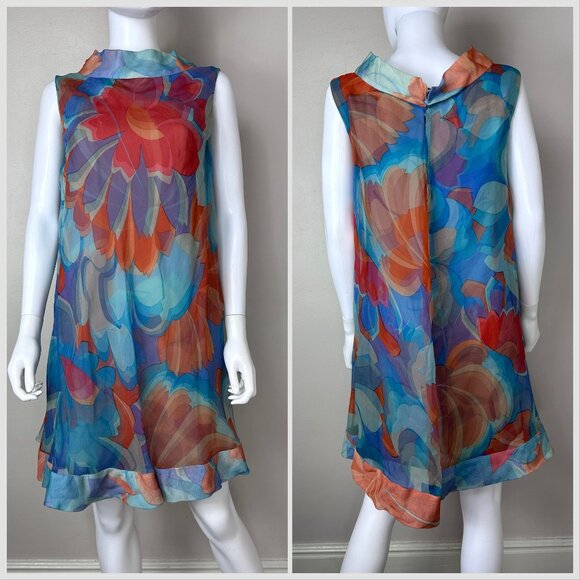 Vintage 1960s Sheer Psychedelic Floral Dress Jacques Heim Paris Size Medium